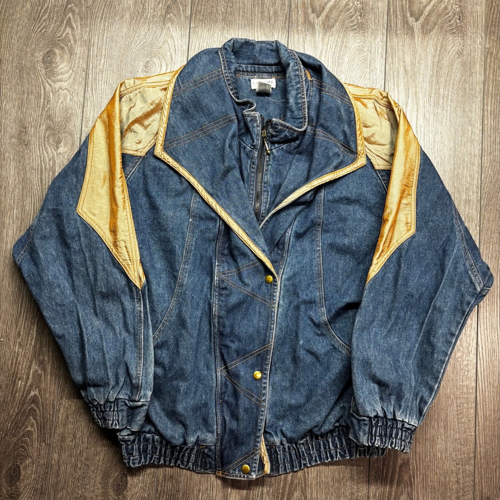 Vintage Lavon Denim Bomber Jacket Gold Metallic Panels Blue Jean Womens Large